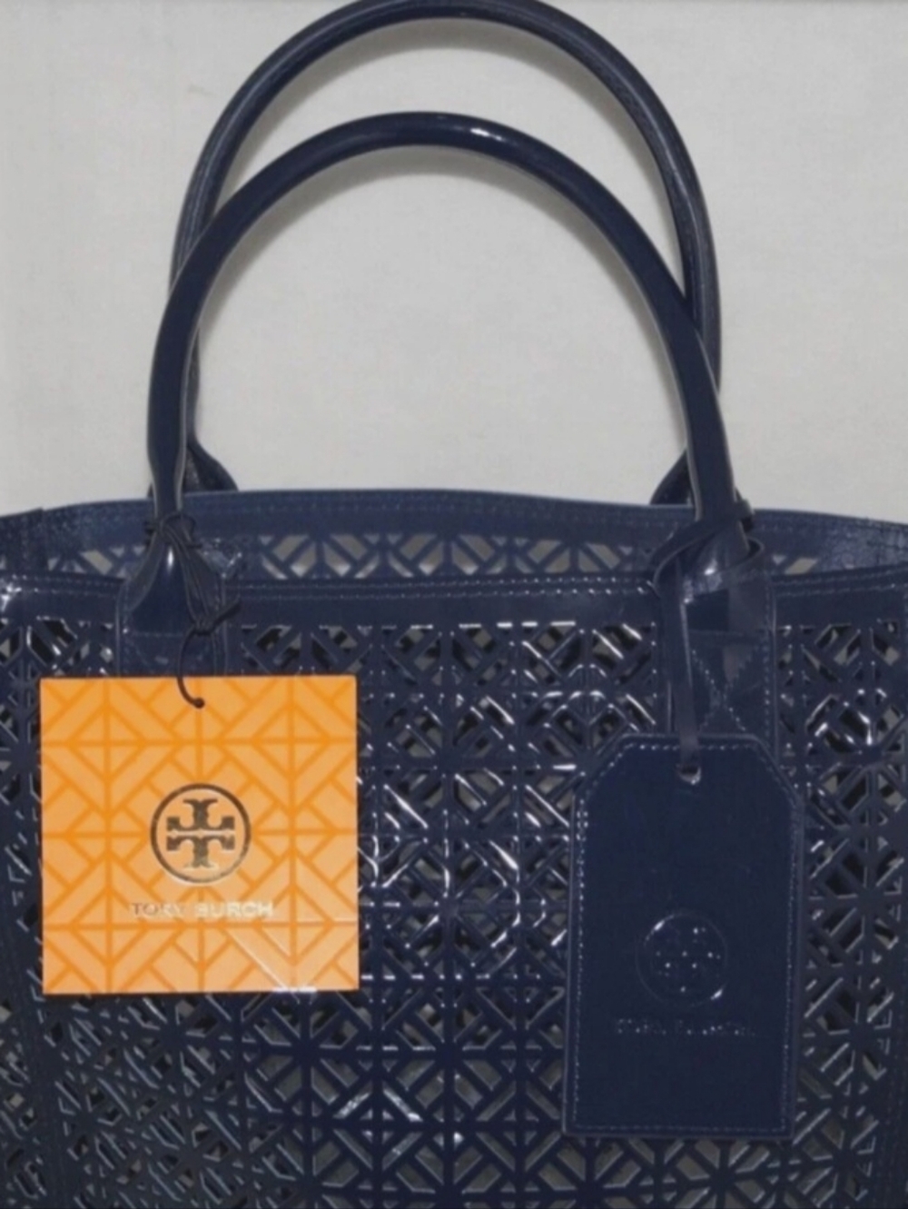 Tory Burch Laser Cut Navy Blue Tote - Picture 6 of 9